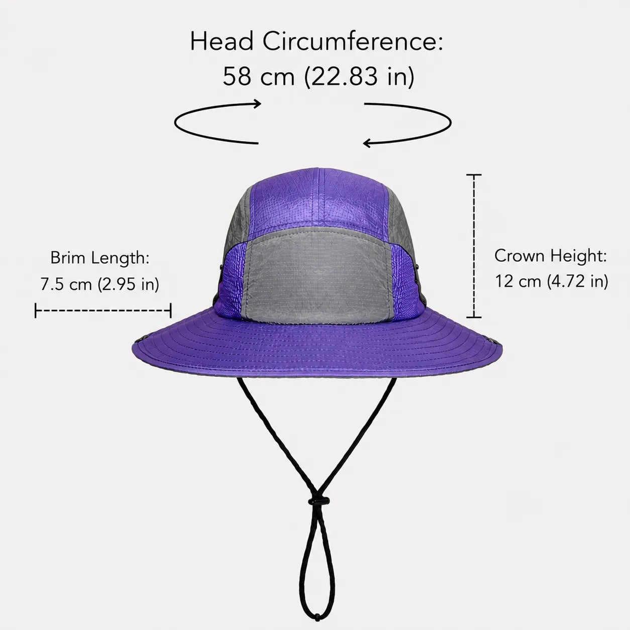 Nylon wide brim bucket hat size guide showing crown height and brim length measurements