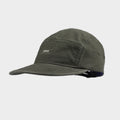 Olive green cotton 5 panel cap with a small front logo, stitched panel construction, curved brim and side eyelet
