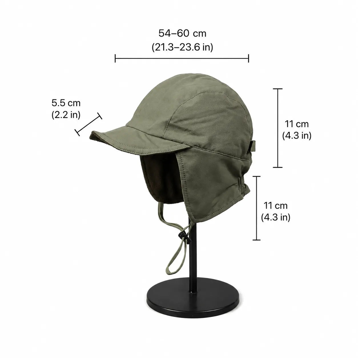 Olive green ear flap cap size guide showing head fit, short brim and extended side coverage.