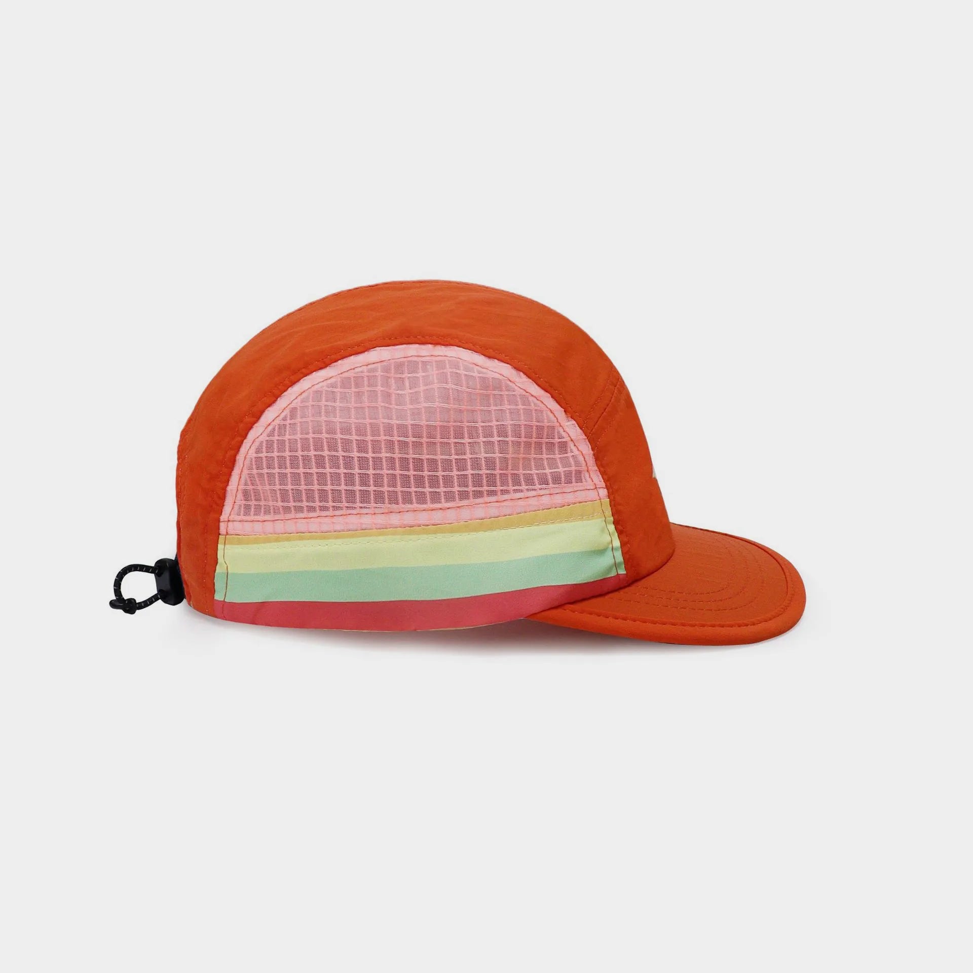 Orange lightweight nylon five-panel cap with a pink mesh side panel, multicolour stripes, short brim and rear drawcord.