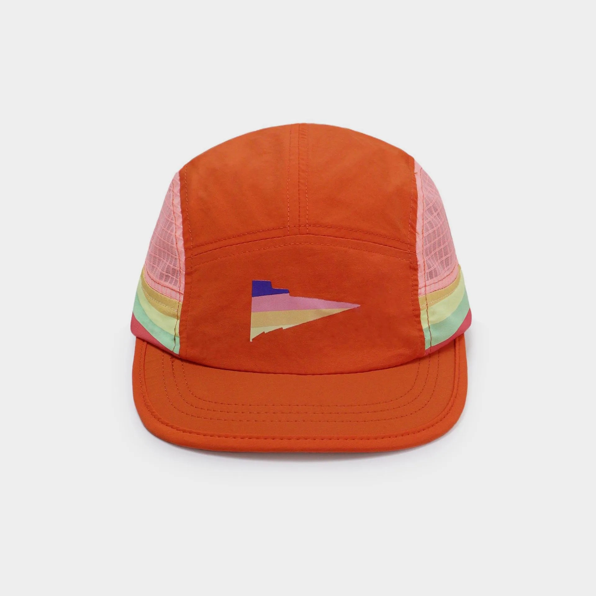 Front view of an orange lightweight nylon five-panel cap with a multicolour geometric graphic and short stitched brim.