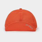 Orange nylon 5 panel cap with structured crown and curved visor design