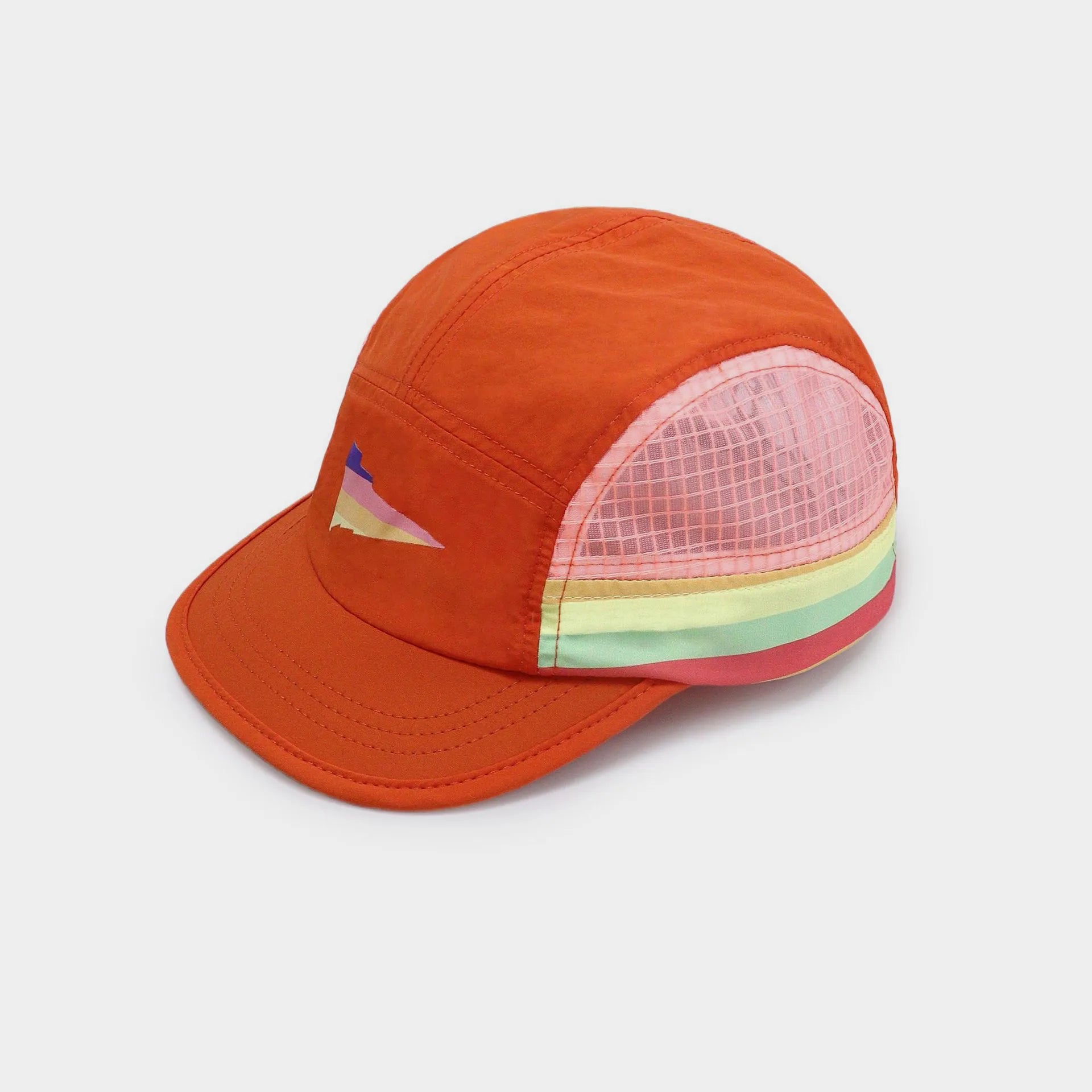 Orange foldable nylon cap featuring a pink mesh panel, colourful side stripes and a short brim designed for a clear view.
