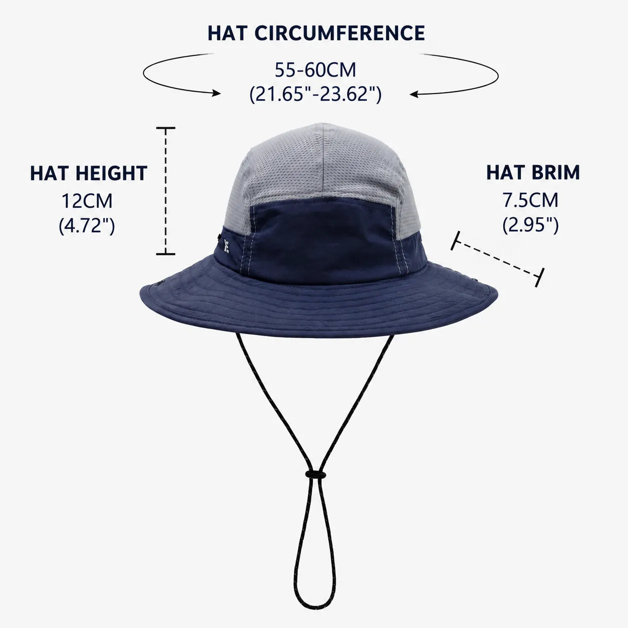 Size measurement chart for outdoor wide brim sun hat, adjustable head circumference 55-60cm, brim width 7.5cm, hat height 12cm