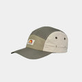 Panelled camper cap in olive grey, khaki and cream, angled view with a woven badge and curved peak