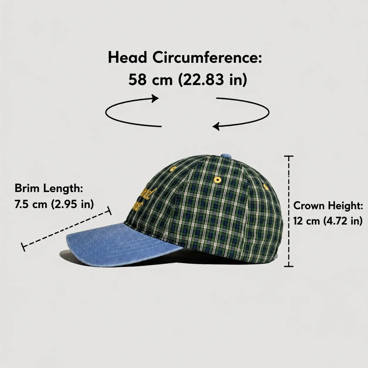 Plaid nylon camp cap size guide with 58cm head circumference, 7.5cm brim length and 12cm crown height