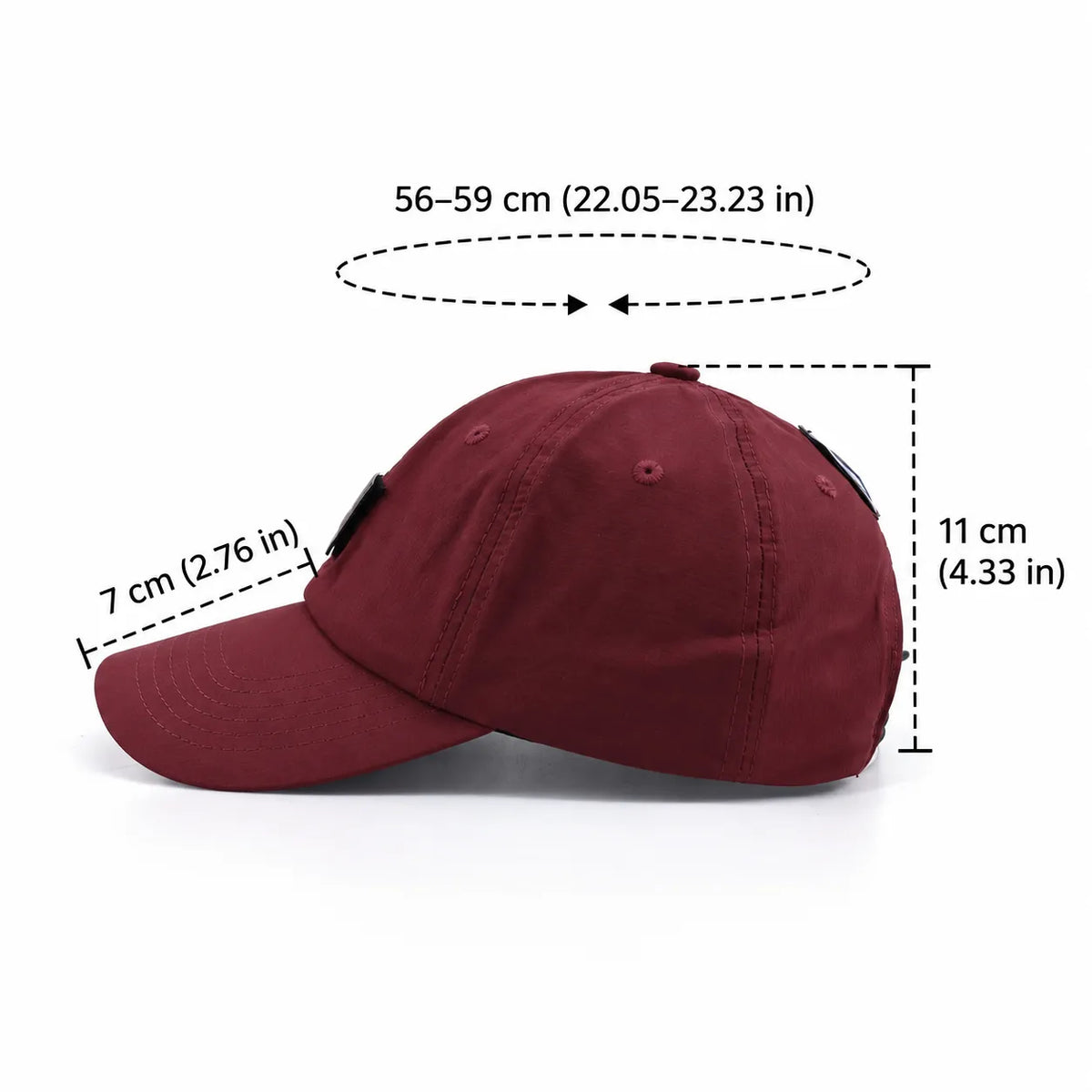 Polyester baseball cap size guide in burgundy with a 56–59 cm fit, 11 cm crown and 7 cm curved peak