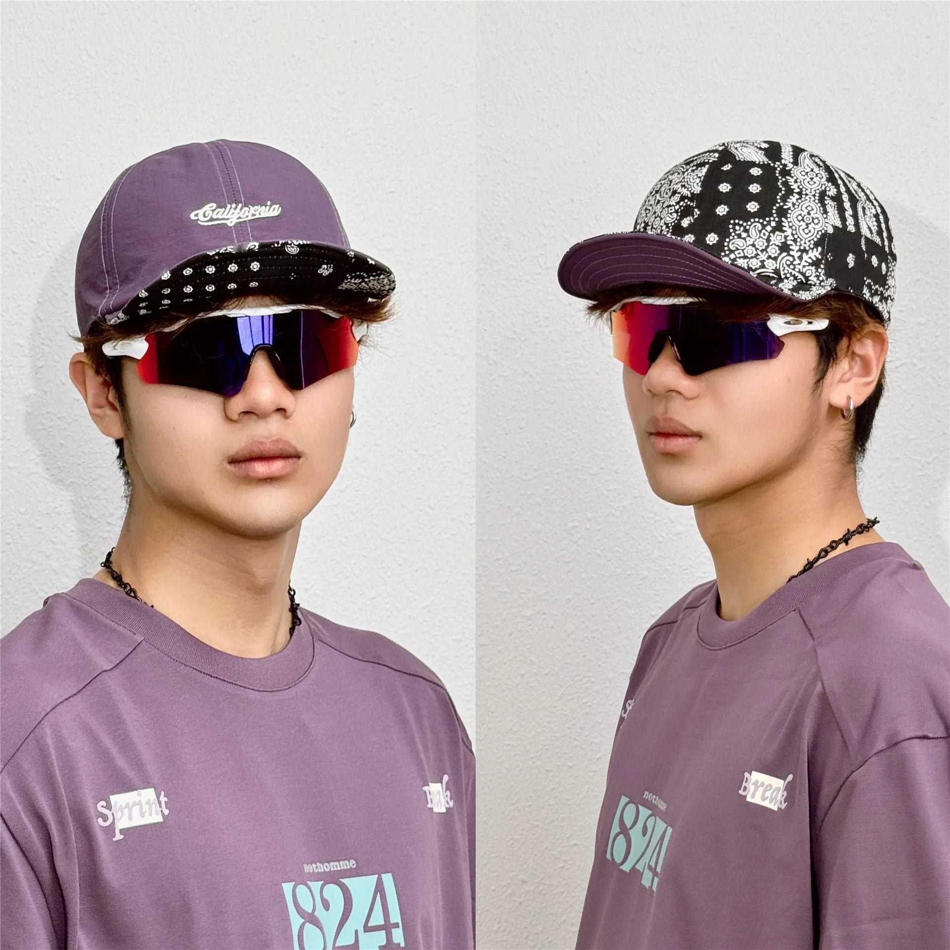 Model wearing a purple cotton short brim cycling cap and a black paisley cotton cycling cap with a purple brim, suitable for cycling and casual outdoor wear.
