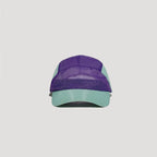 Purple nylon 5 panel cap with breathable mesh panels and curved brim design