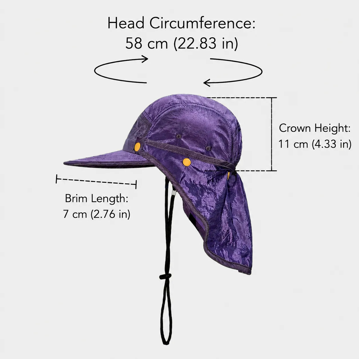 Purple nylon neck flap cap with adjustable chin cord and size measurement details