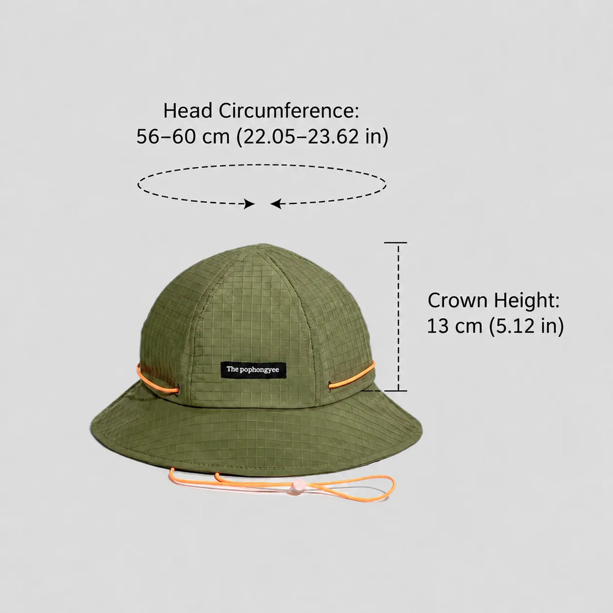 Quick-dry wide brim sun hat size guide in olive green, showing a 56–60 cm fit and 13 cm crown