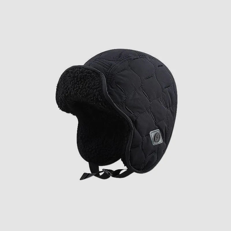 Black quilted trapper hat with a structured padded crown, plush trim and buckle strap under the chin.