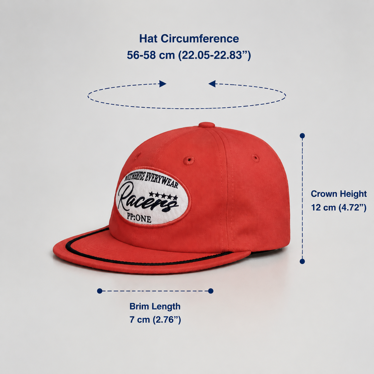 Size guide for a red racing patch baseball cap showing a 56–58 cm hat circumference, 12 cm crown height and 7 cm brim length.