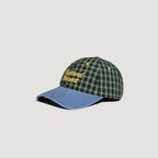 Retro plaid camp cap with curved brim and casual outdoor style