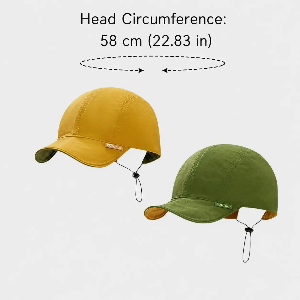 Mustard yellow and olive green reversible nylon cap shown in both colour directions, with a curved peak and a 58 cm fit.