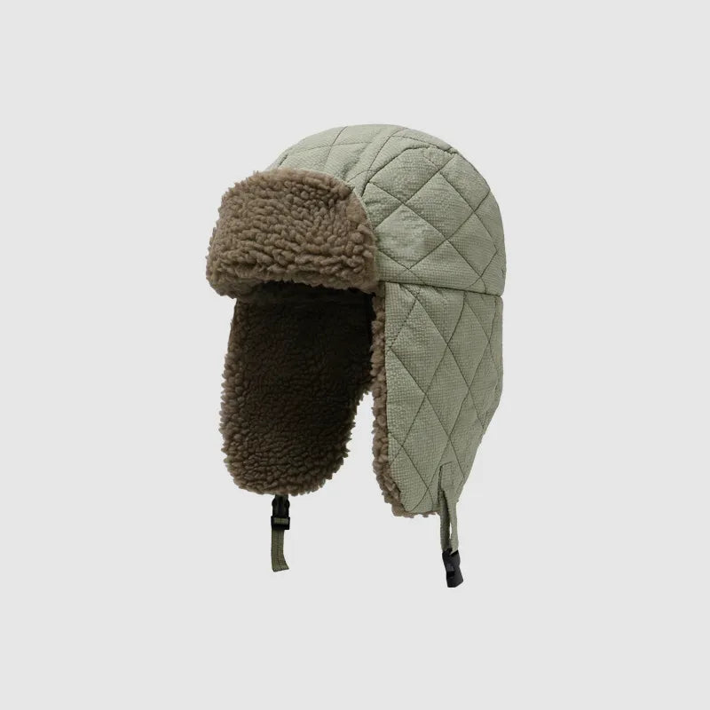 Sage green polyester trapper hat with fleece lining and outdoor winter design