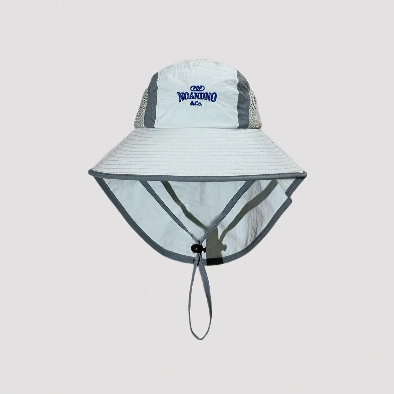 Front view of white neck flap sun hat featuring wide brim, breathable mesh ventilation and adjustable chin strap