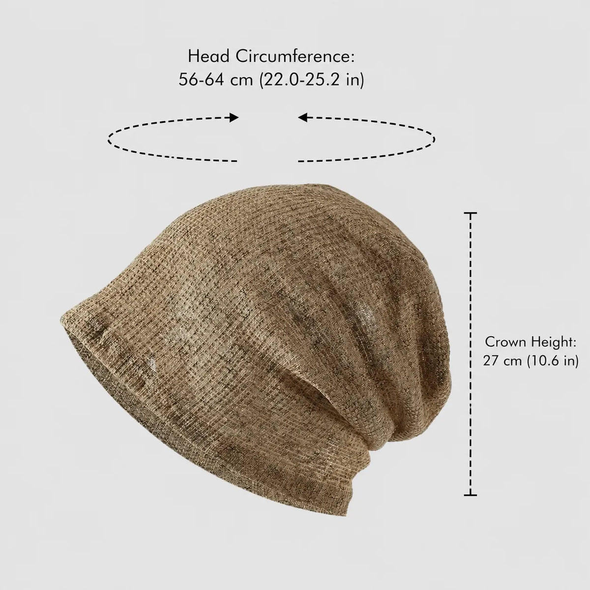 Oatmeal slouchy beanie shown with 56–64 cm head circumference and 27 cm crown height for fit reference.