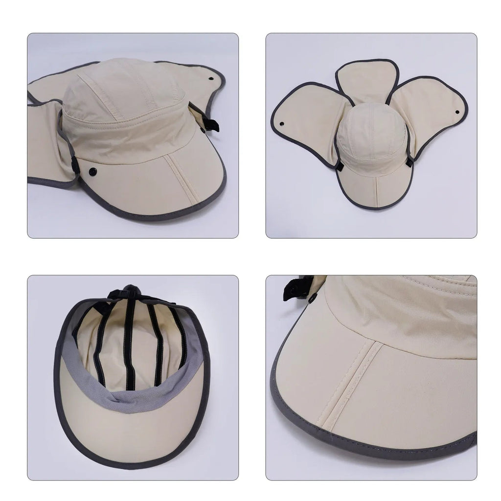 Product detail collage of quick dry outdoor sun cap, detachable neck flap, internal adjustable drawstring, neat stitching and foldable lightweight structure