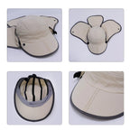 Product detail collage of quick dry outdoor sun cap, detachable neck flap, internal adjustable drawstring, neat stitching and foldable lightweight structure