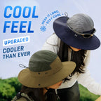 Outdoor lifestyle photo, two color wide brim sun hats worn by models, cool breathable mesh design for camping fishing and hiking