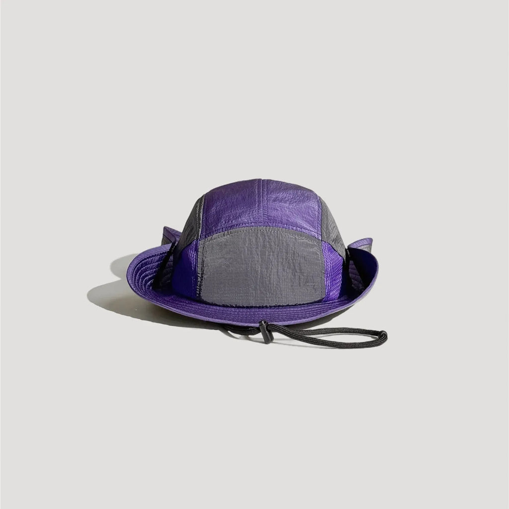 Unisex nylon hiking hat with purple grey colour block design and wide brim