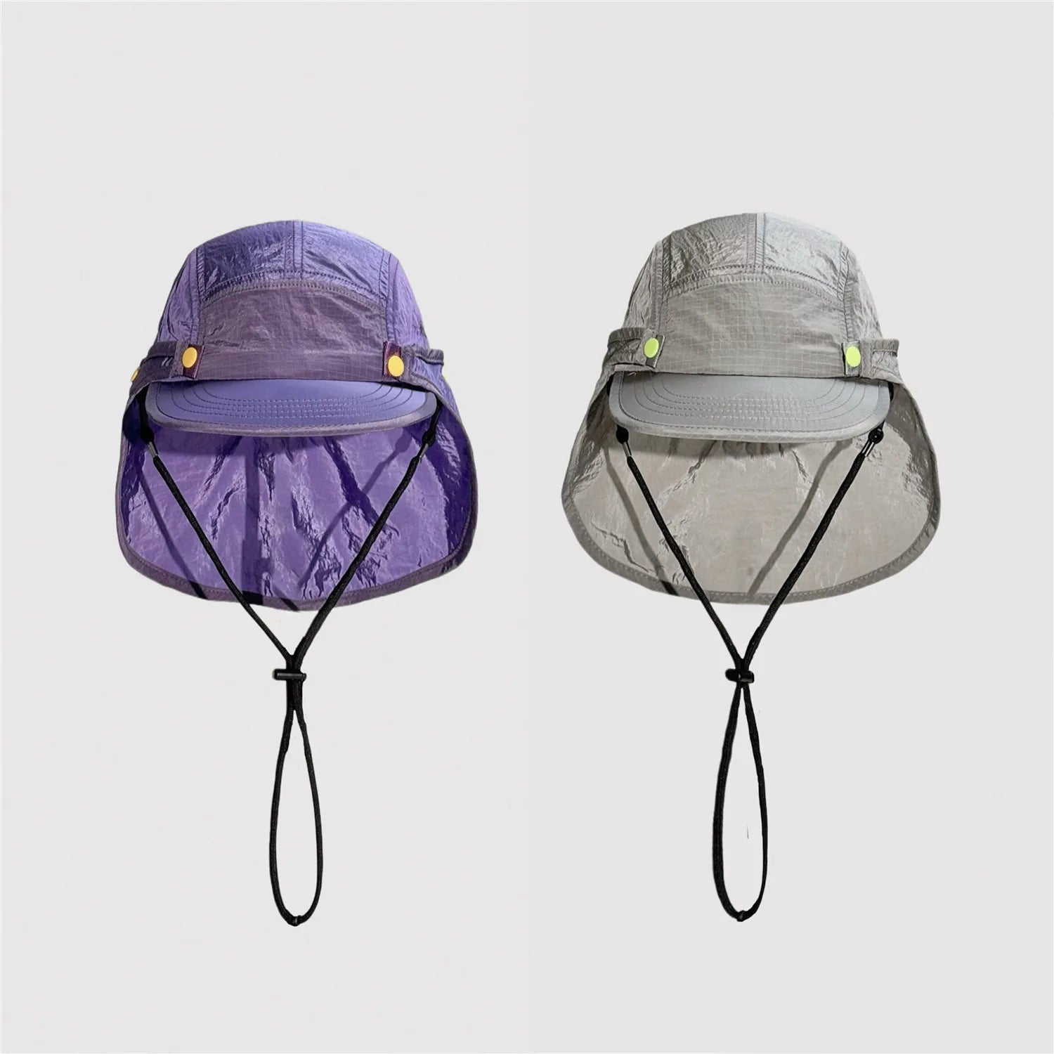Unisex nylon neck flap cap available in purple and grey colour options