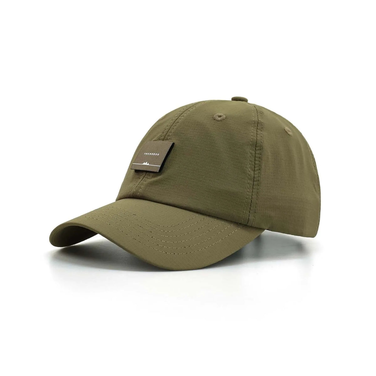 Unstructured baseball cap in olive green, angled front view with a curved peak and square woven label