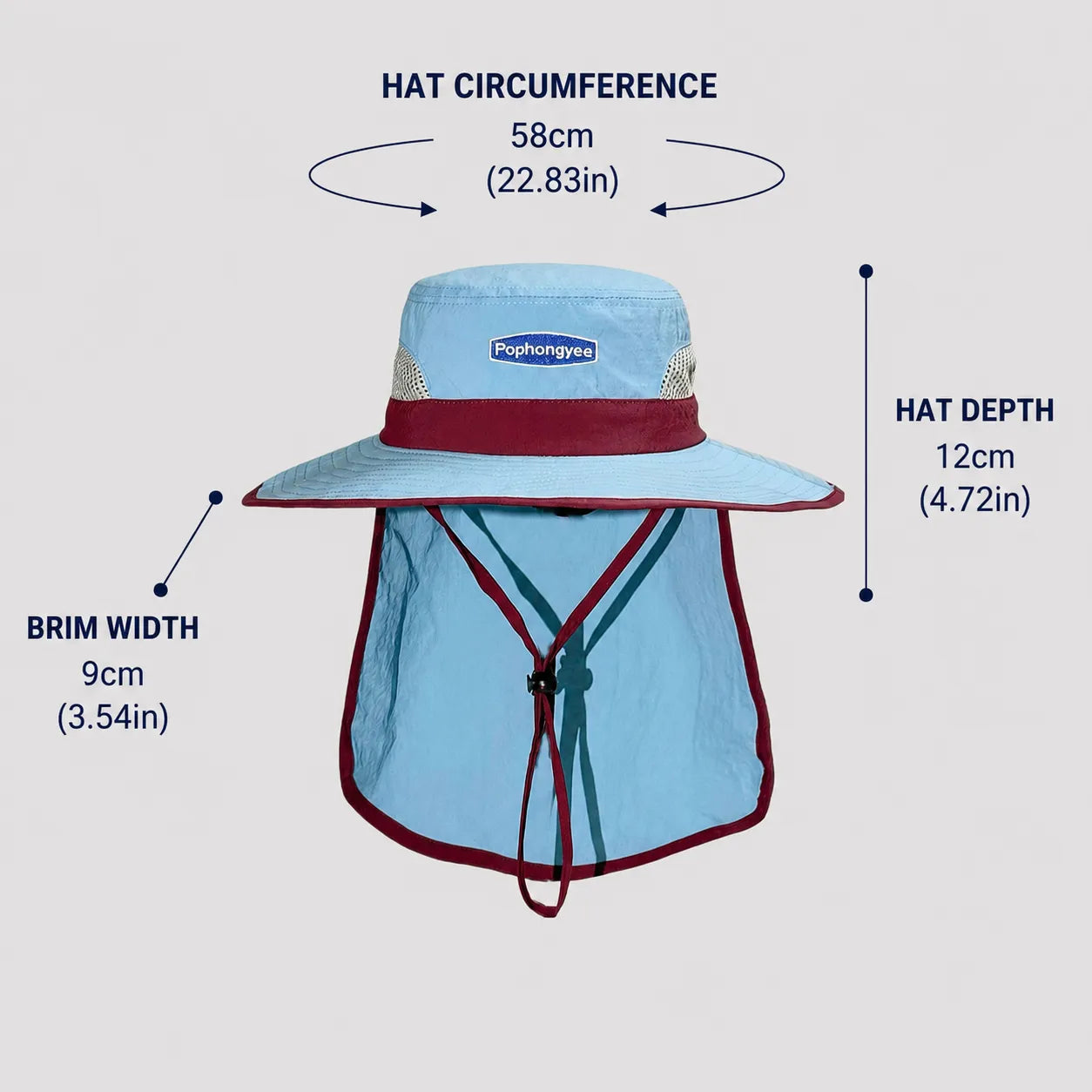 UPF 50+ sun hat with neck flap size guide showing 58cm hat circumference and wide brim design
