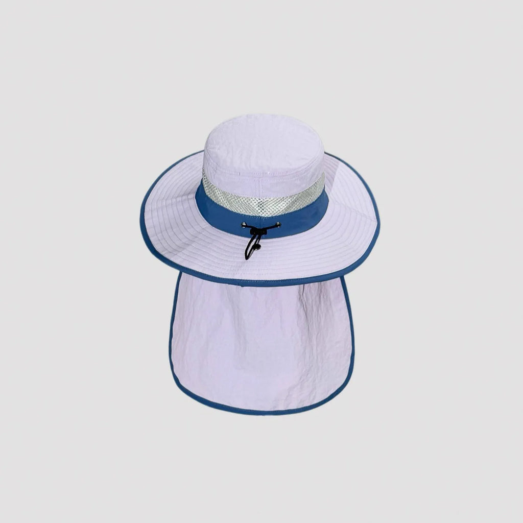 Outdoor sun protection hat with full neck flap coverage, breathable mesh panels and adjustable fit