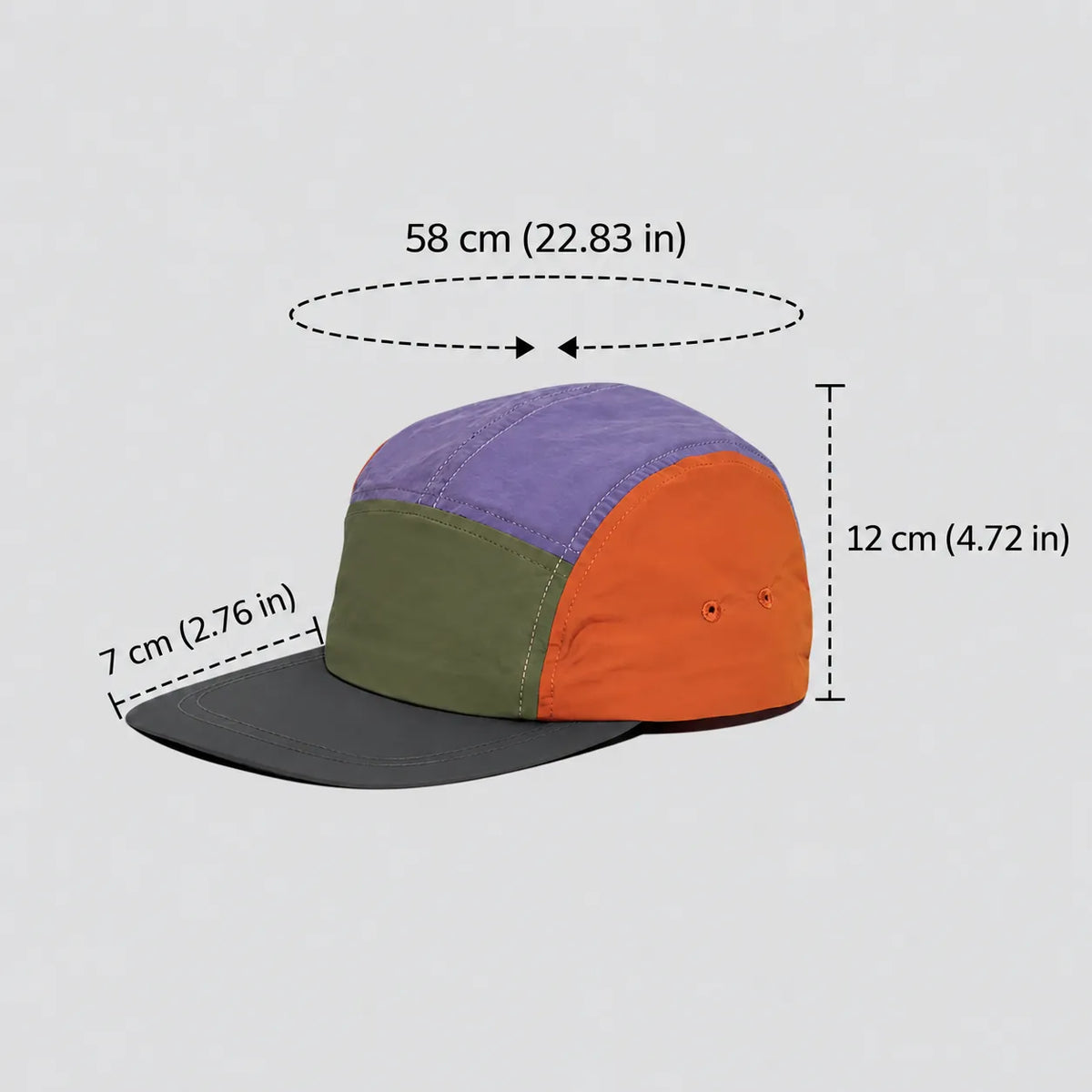 Waterproof 5-panel cap size guide in lavender, olive, orange and charcoal, with a 58 cm fit, 12 cm crown and 7 cm peak