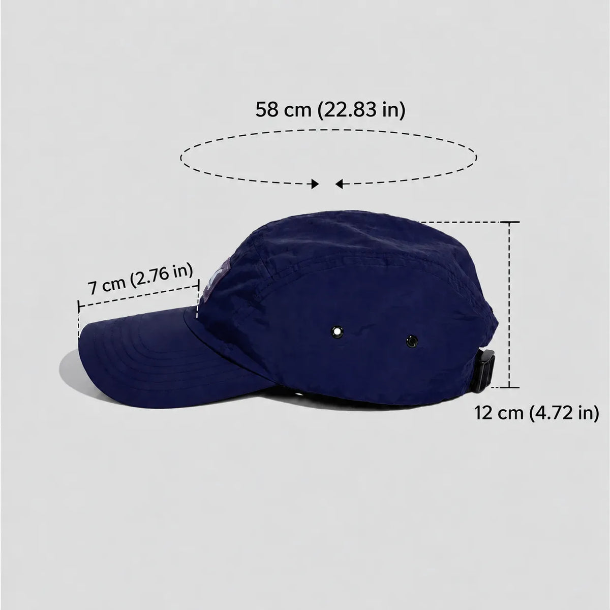 Waterproof 5-panel cap size guide in navy blue, showing a 58 cm fit, 12 cm crown and 7 cm curved peak