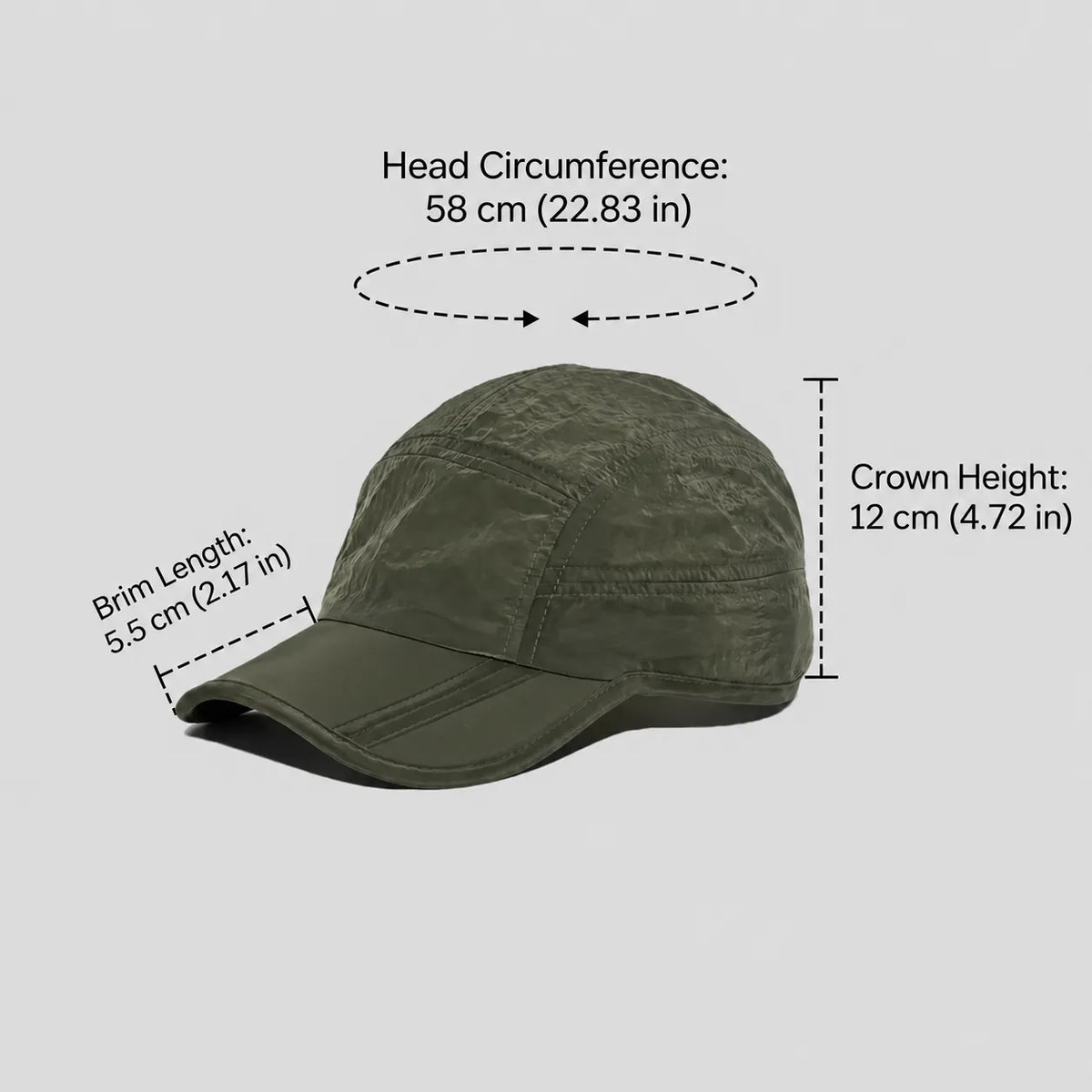 Waterproof 5-panel cap size guide in olive green, showing a 58 cm fit, 12 cm crown and 5.5 cm curved peak