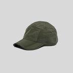 Waterproof running cap in olive green, angled side view showing the panelled crown, glossy texture and curved peak