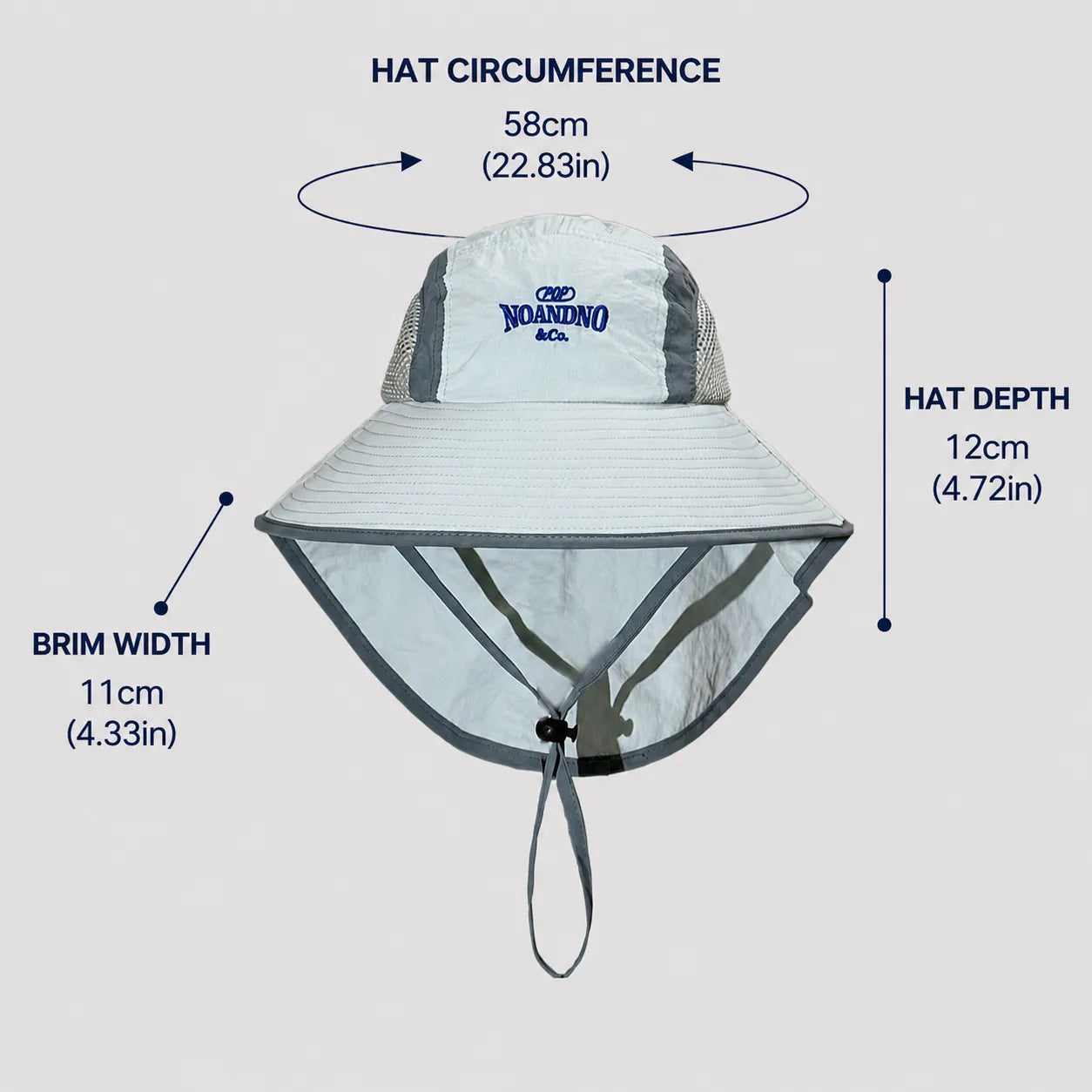 Outdoor sun hat size guide showing adjustable hat circumference 58cm (22.83in), 12cm hat depth and 11cm brim width measurements
