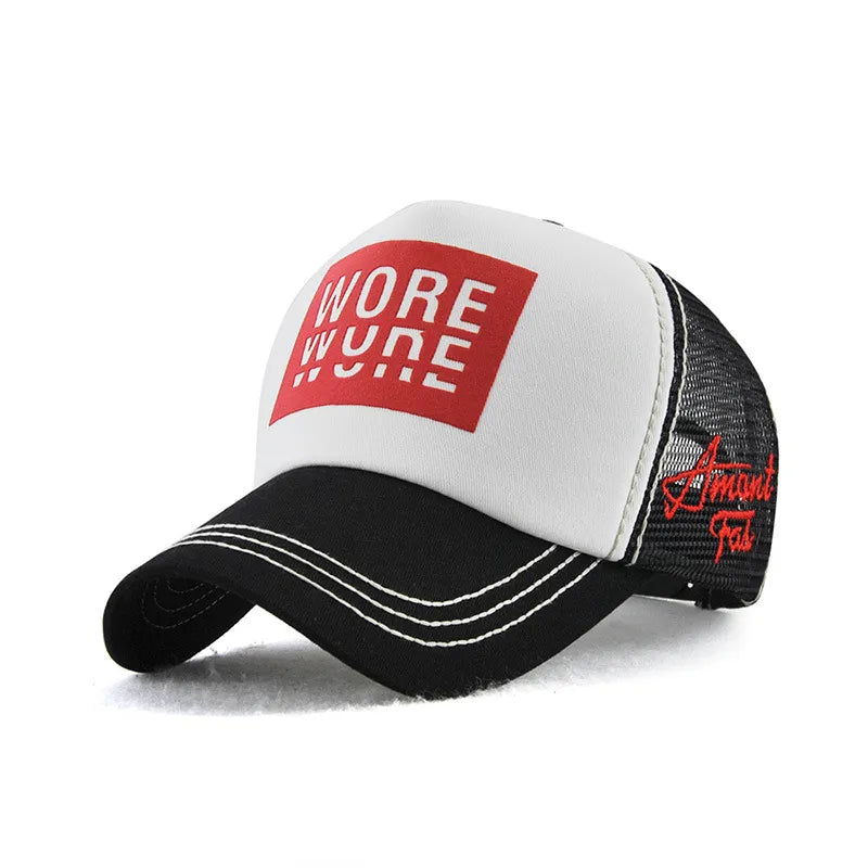 White and black trucker cap with a red graphic front patch, black mesh back, red side embroidery and white brim stitching.