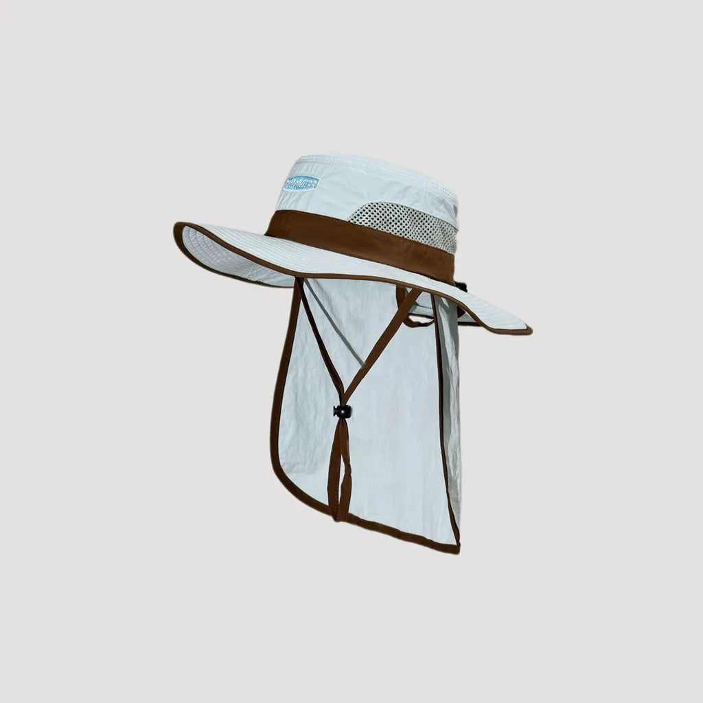 Unisex Wide Brim Sun Hat with Neck Flap Side View, White Brown Trim Breathable Mesh UPF 50+ Wind Resistant Packable Hiking Fishing Sun Hat