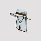 Unisex Wide Brim Sun Hat with Neck Flap Side View, White Brown Trim Breathable Mesh UPF 50+ Wind Resistant Packable Hiking Fishing Sun Hat