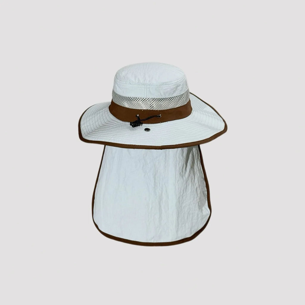 White Brown Trim Wide Brim UPF50+ Sun Hat with Neck Flap Back View, Breathable Mesh Windproof Outdoor Fishing Hat, Unisex Sun Protection Safari Hat