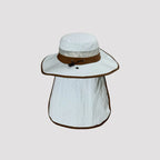 White Brown Trim Wide Brim UPF50+ Sun Hat with Neck Flap Back View, Breathable Mesh Windproof Outdoor Fishing Hat, Unisex Sun Protection Safari Hat