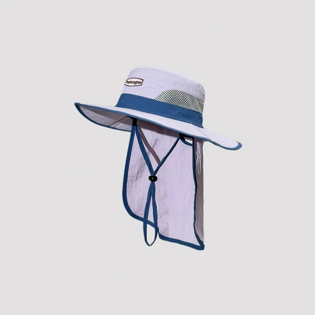 White wide brim UPF50+ sun hat with neck flap, breathable mesh outdoor fishing hat for hiking and travel