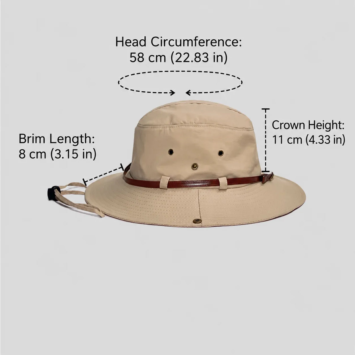 Wide brim safari hat size guide in beige, showing a 58 cm circumference, 8 cm brim and 11 cm crown height