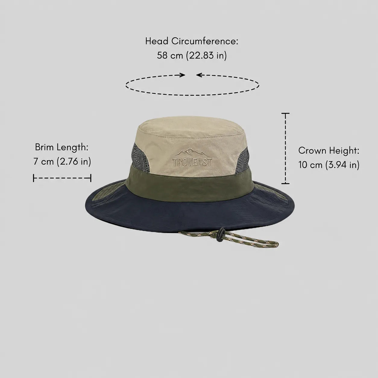 Wide-brim sun hat size guide showing a 58 cm head fit, 7 cm brim and 10 cm crown in beige, olive green and navy.