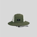 Olive green wide-brim sun hat with white side panels, front patch label, stitched brim and metal snap fasteners.