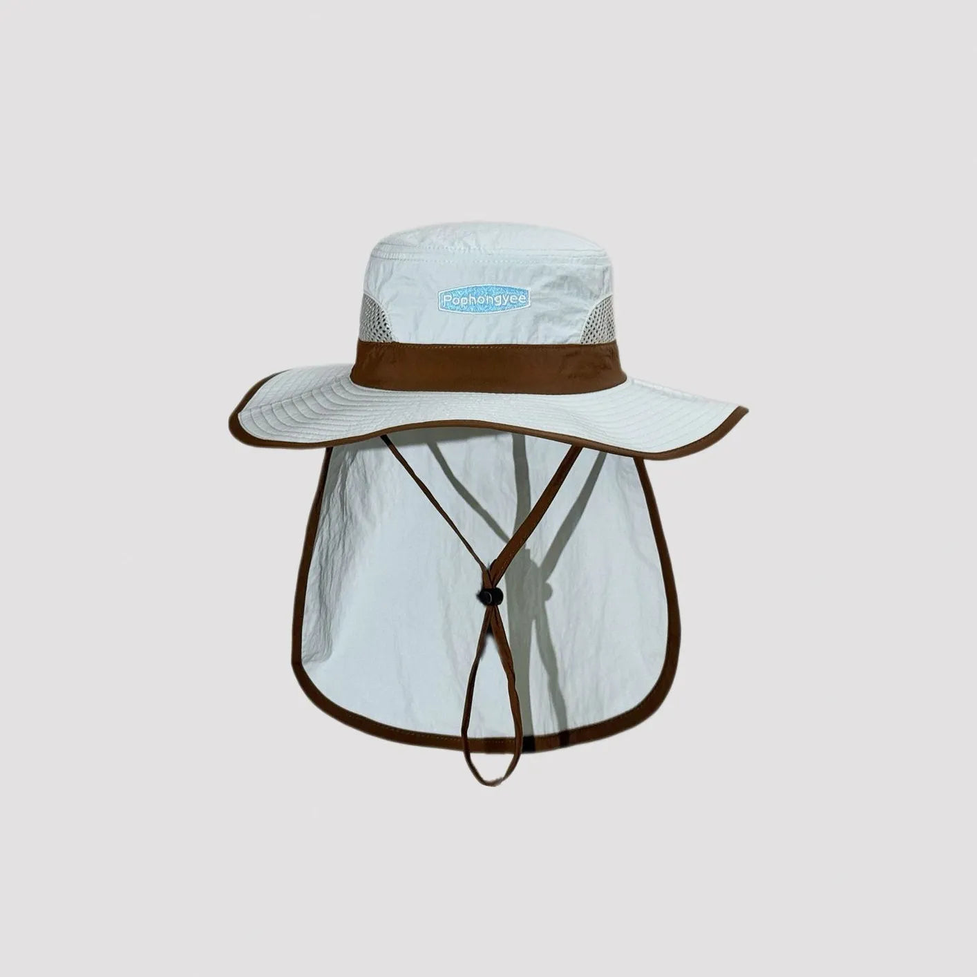 Front View Wide Brim UPF50+ Boonie Sun Hat with Neck Flap, White Brown Trim Breathable Mesh Windproof Unisex Outdoor Hiking & Fishing Hat