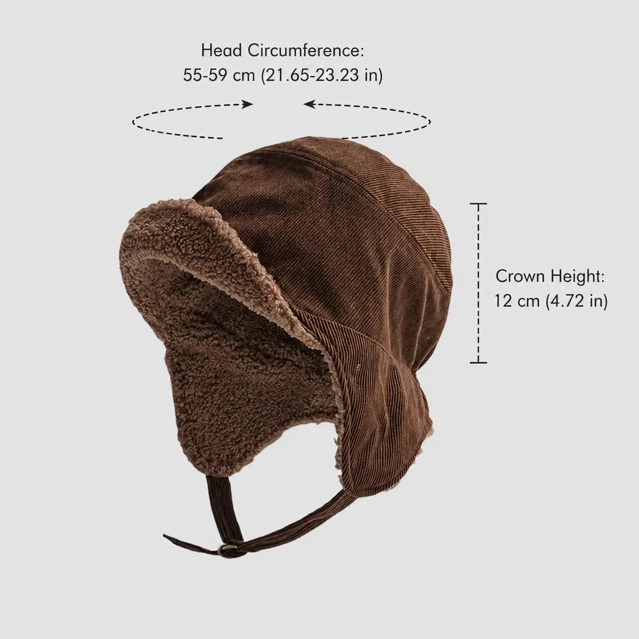 Dark brown winter trapper hat size guide with ribbed crown, sherpa ear flaps and adjustable chin strap.