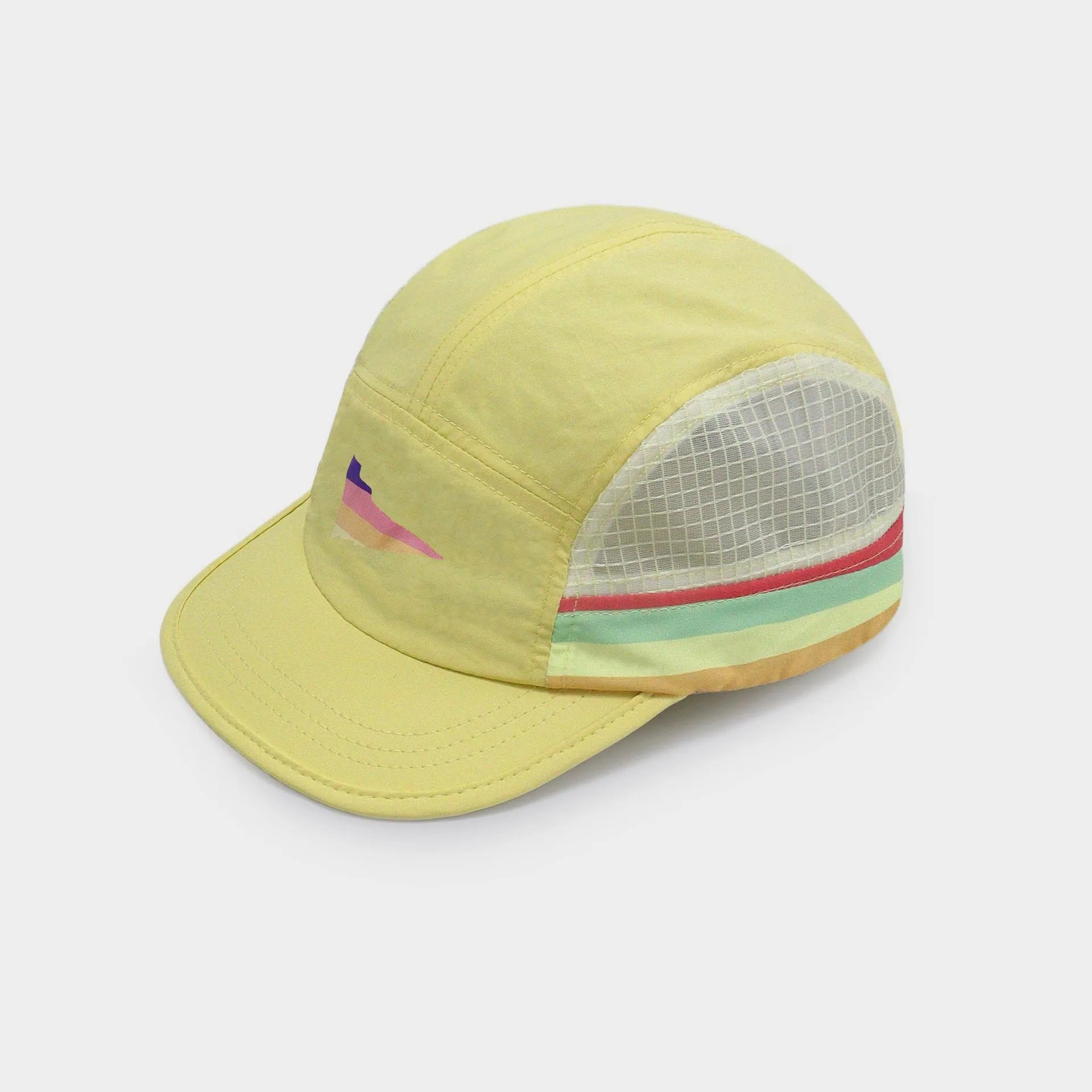 Yellow lightweight nylon five-panel cap with a white mesh side panel, multicolour stripes and a short curved brim.