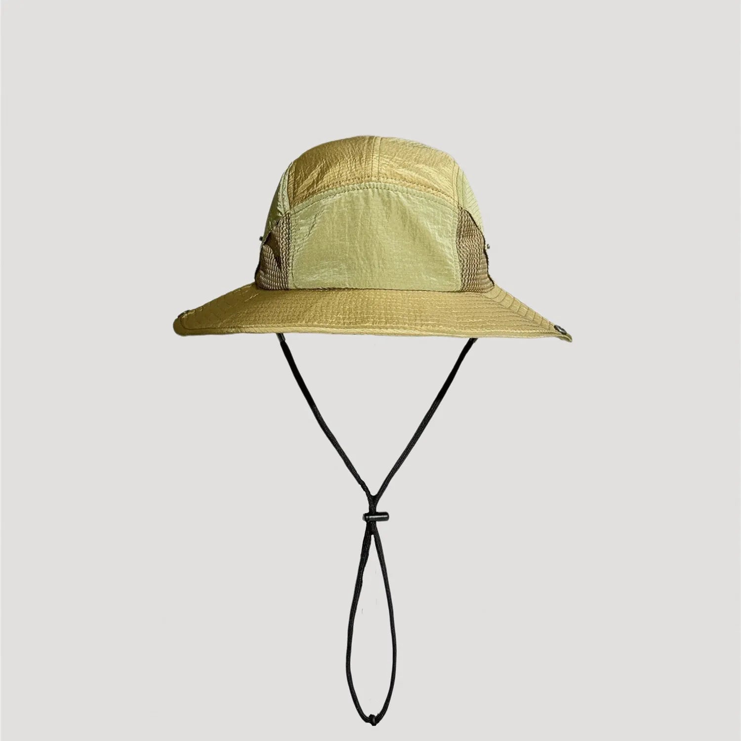 Yellow nylon wide brim outdoor sun hat with structured crown and curved brim